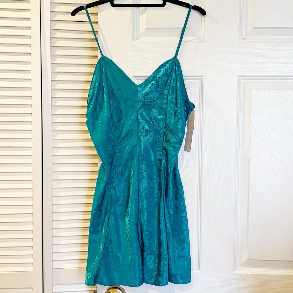 Y2K NWT Val Mode Floral Satin Mini Slip Dress L Teal Green Coquette Soft Glam
